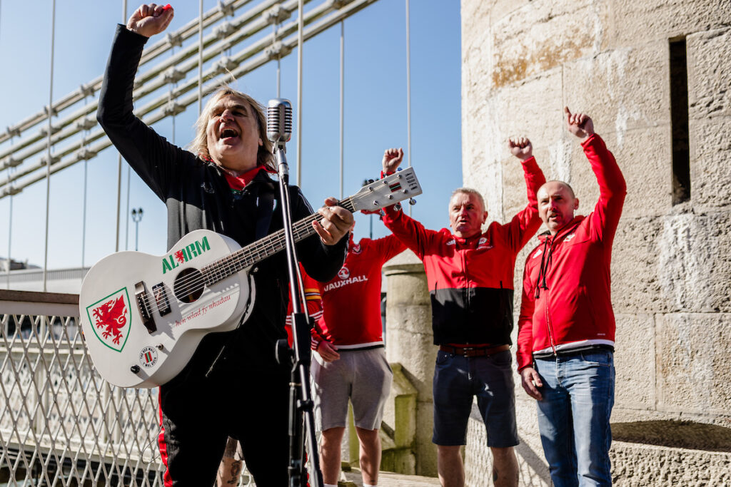 Wales fans celebrate during the the filming of the Wales Euro 2020 Song with Mike Peter and the Alarm.
