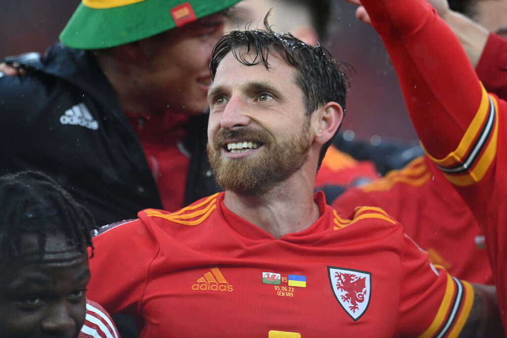 Wales' Joe Allen at full time during the 2022 FIFA World Cup play-off final between Wales and Ukraine at the Cardiff City Stadium on the 5th of June 2022