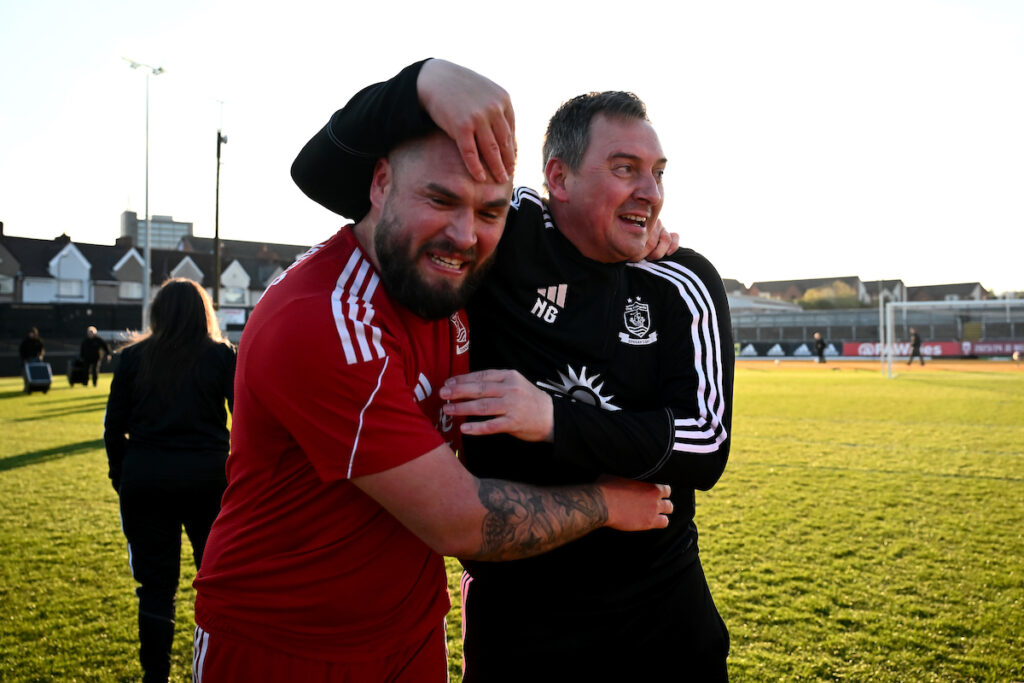 Connah's Quay Nomads Ben Nash and Connah's Quay Nomads coach Neil Gibson during 2023/24 JD FAW Welsh Cup Final fixture between Connah's Quay Nomads F.C & The New Saints F.C at Rodney Parade, Newport, Wales