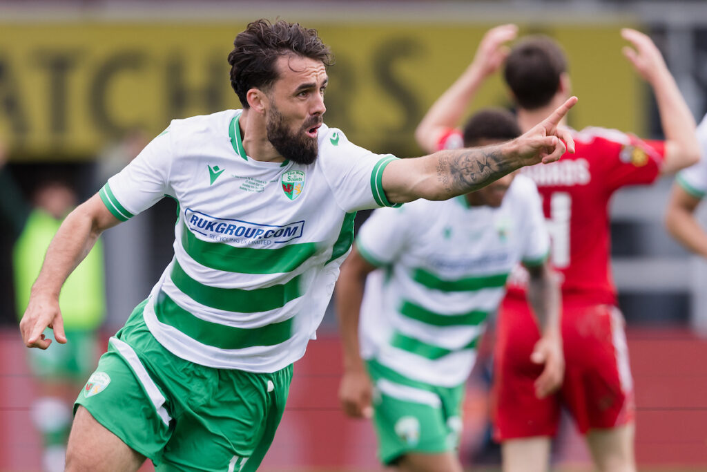 Jordan Williams puts The New Saints ahead in the JD Welsh Cup Final. 