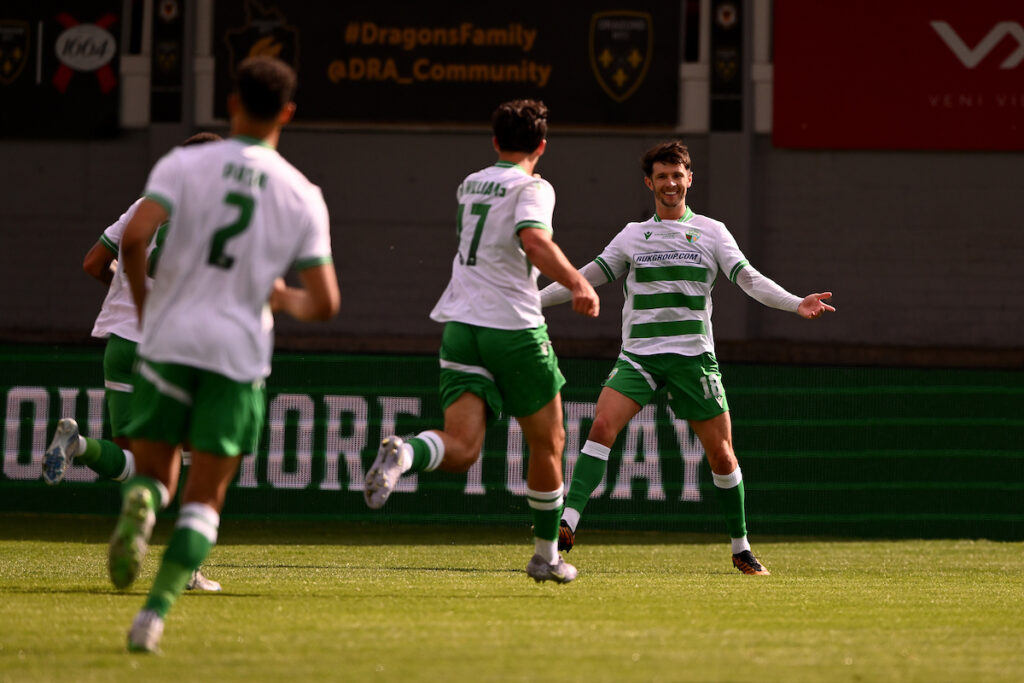 Rory Holden celebrates scoring The New Saints equaliser against Connah's Quay Nomads in the JD Welsh Cup Final. 