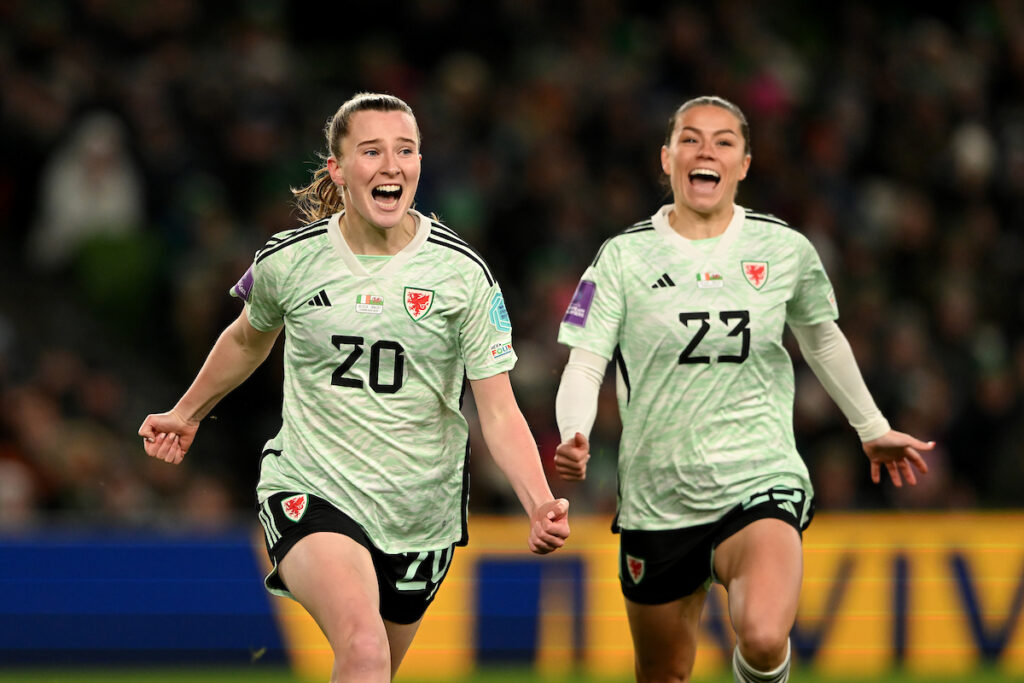 Wales' Carrie Jones celebrates scoring her sides second goal during the 2025 European Women's Championship, WEQ Play-offs Round 2 match between Republic of Ireland and Wales at The Aviva Stadium in Dublin on the 3rd November 2024