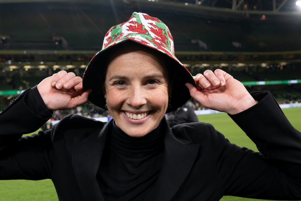 Wales Women's National Team Manager Rhian Wilkinson during the 2025 European Women's Championship, WEQ Play-offs Round 2 match between Republic of Ireland and Wales at The Aviva Stadium in Dublin on the 3rd November 2024