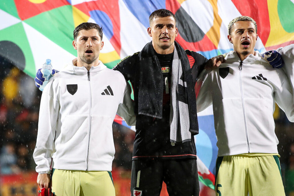 Wales' Ben Davies and Leeds United Wales and goalkeeper Karl Darlow during the 2025 UEFA Nations League fixture between Montenegro & Wales at the City Stadium Nikšić on the 9th of September 2024