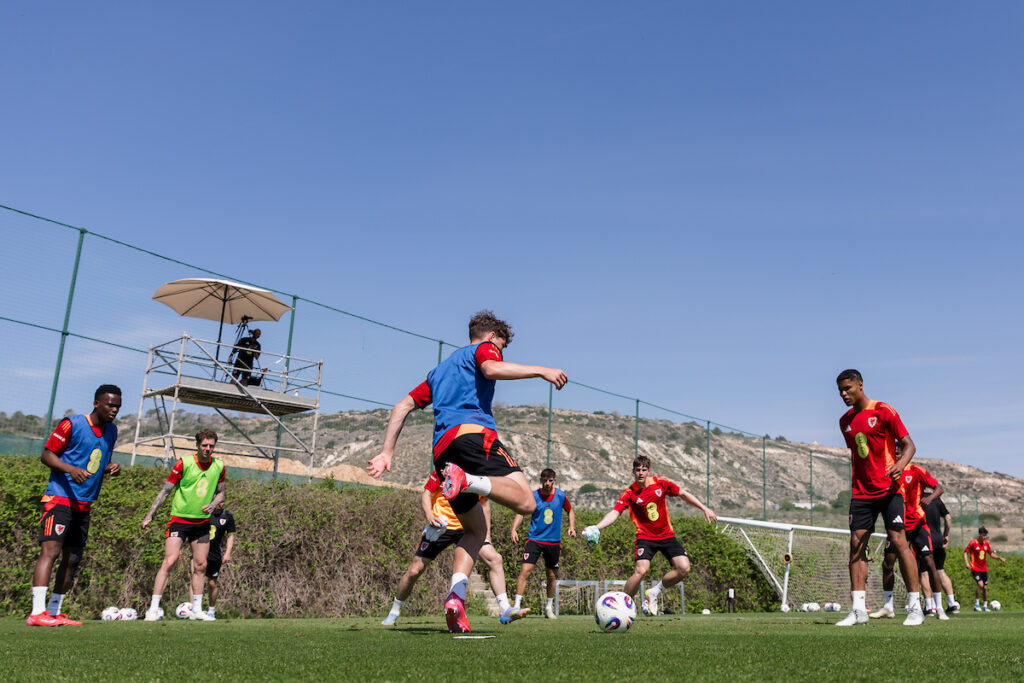 Wales' Rabbi Matondo, Wales' Lewis Koumas, Wales' Kai Andrews, Wales' Sam Parker  during a training session at La Finca Resort as players take part in a senior mens national team training camp at in Alicante, Spain