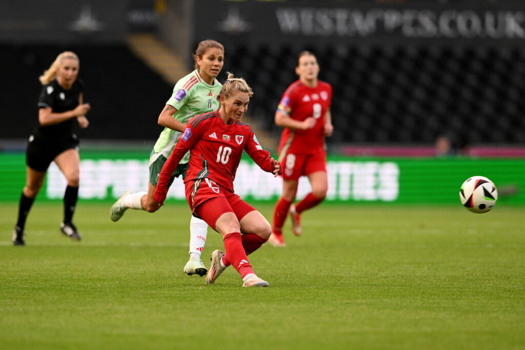Cymru's Jess Fishlock scores her sides first goal during the UEFA Womens Nations League League A Group A4 match between Wales and Italy at The Swansea.com Stadium on the 3rd of June 2025