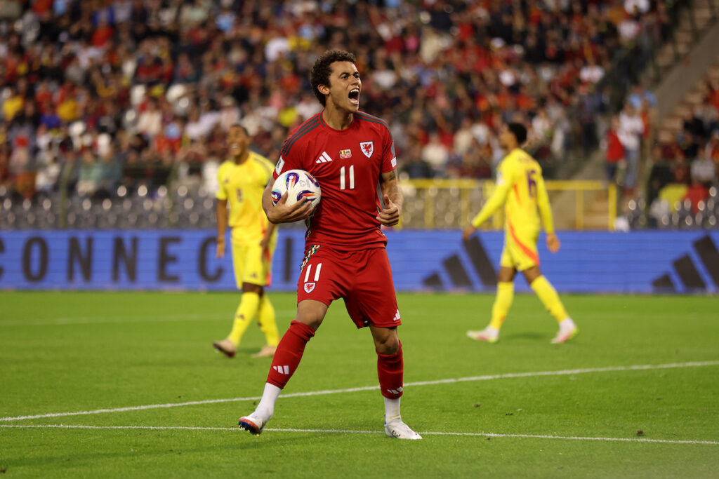 Wales' Brennan Johnson during the 2026 FIFA World Cup European Qualifier fixture between Belgium and Wales on the 9th of June at the King Baudouin Stadium in Brussels