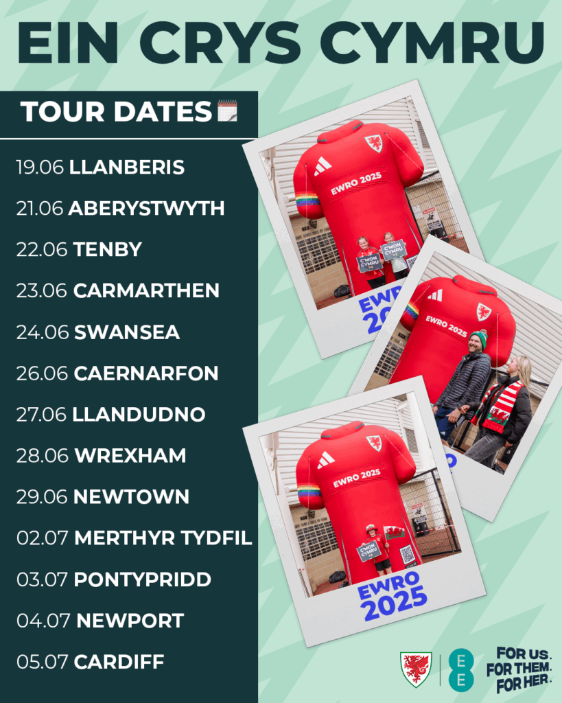A graphic with Ein Crys Cymru Tour date graphics

19.06: Llanberis
21.06 Aberystwyth
22.06: Tenby
23.06: Carmarthen
24.06: Swansea
26.06: Caernarfon
27.06: Llandudno
28.06: Wrexham
29.06: Newtown
02.07: Merthyr Tydfil
03.07: Pontypridd
04.07: Newport
05.07: Cardiff