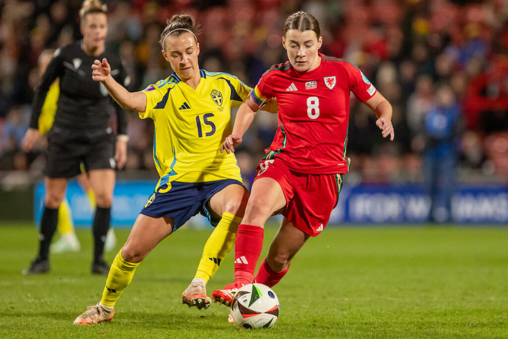 Angharad James in action for Cymru. 