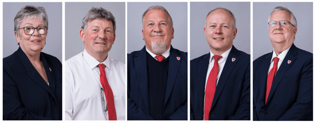 From left to right: Gail Powell (Vice President), William Lloyd Williams (Deputy President), Mike Jones (President), Graham Evans (Vice President) and Mark Adams (Vice President).