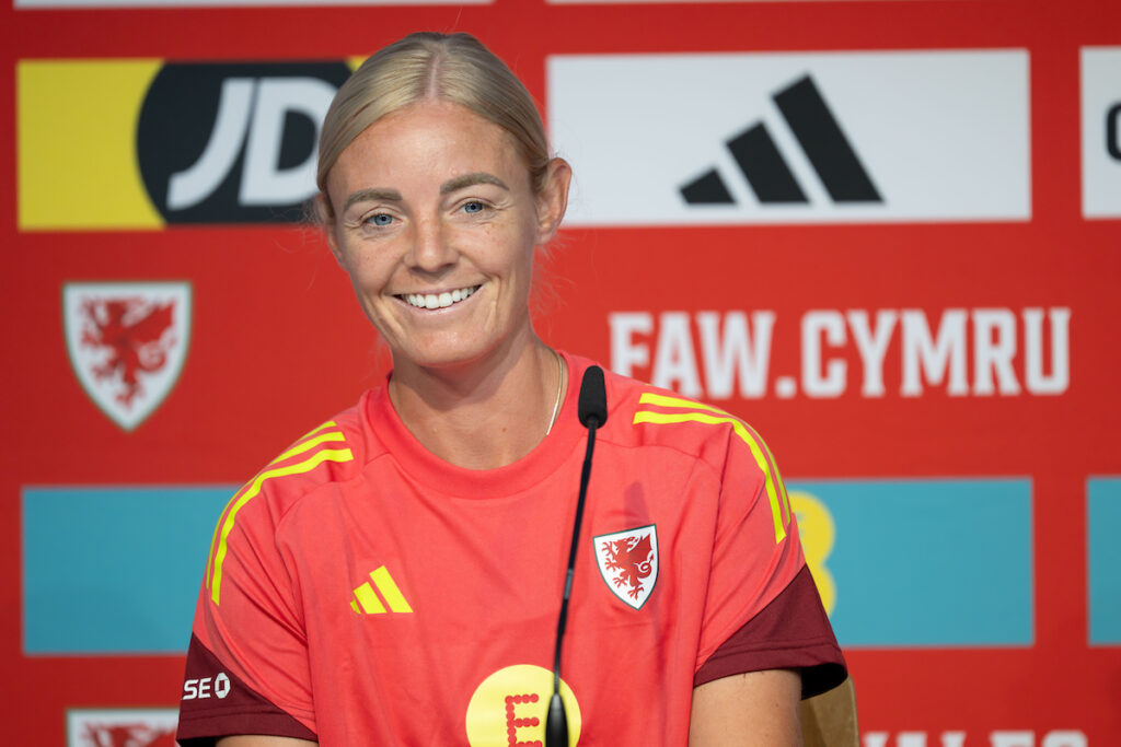 Cymru's Sophie Ingle speaks to the media during a EURO 2025 media conference in Weindfelden