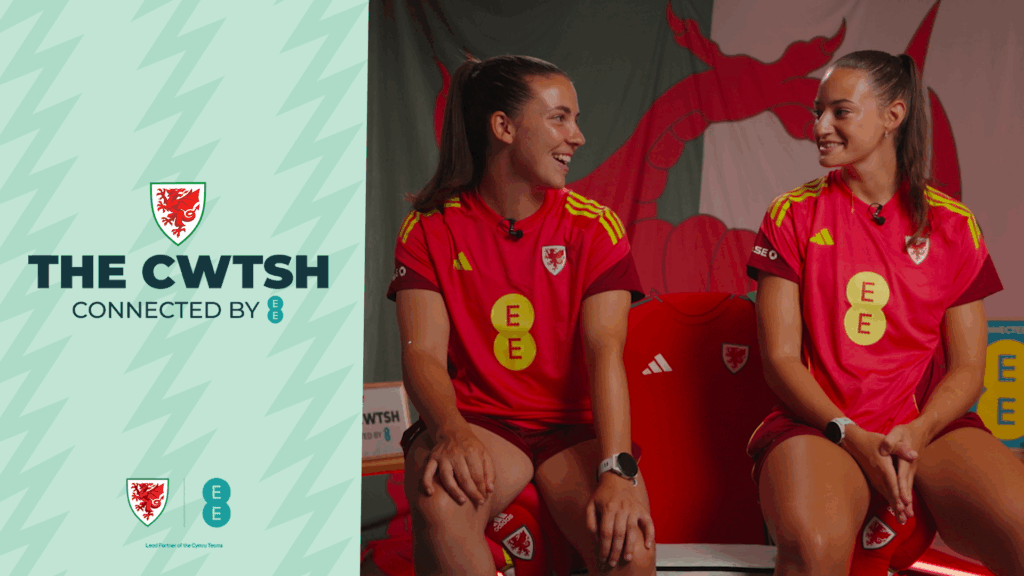 Liv Clark (L) and Poppy Soper (R) during an episode of The Cwtsh during Cymru's EURO 2025 Campaign. 