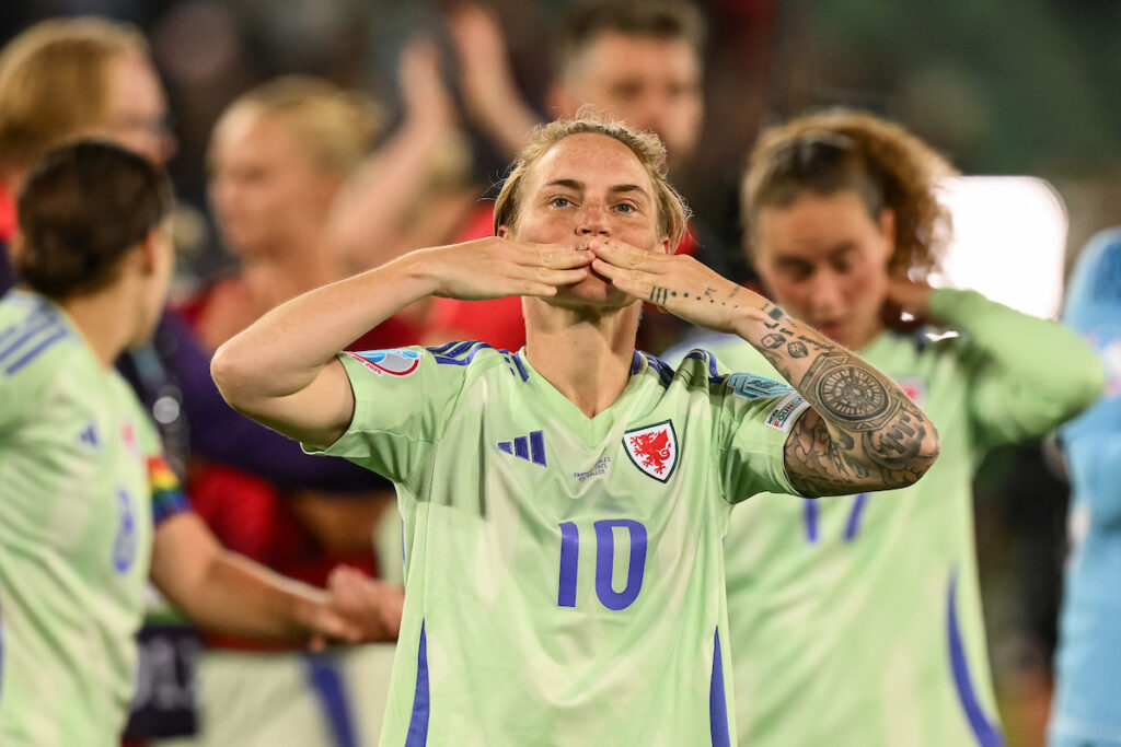 Cymru's Jess Fishlock blows a kiss to the Wales fans at EURO 2025 after playing England