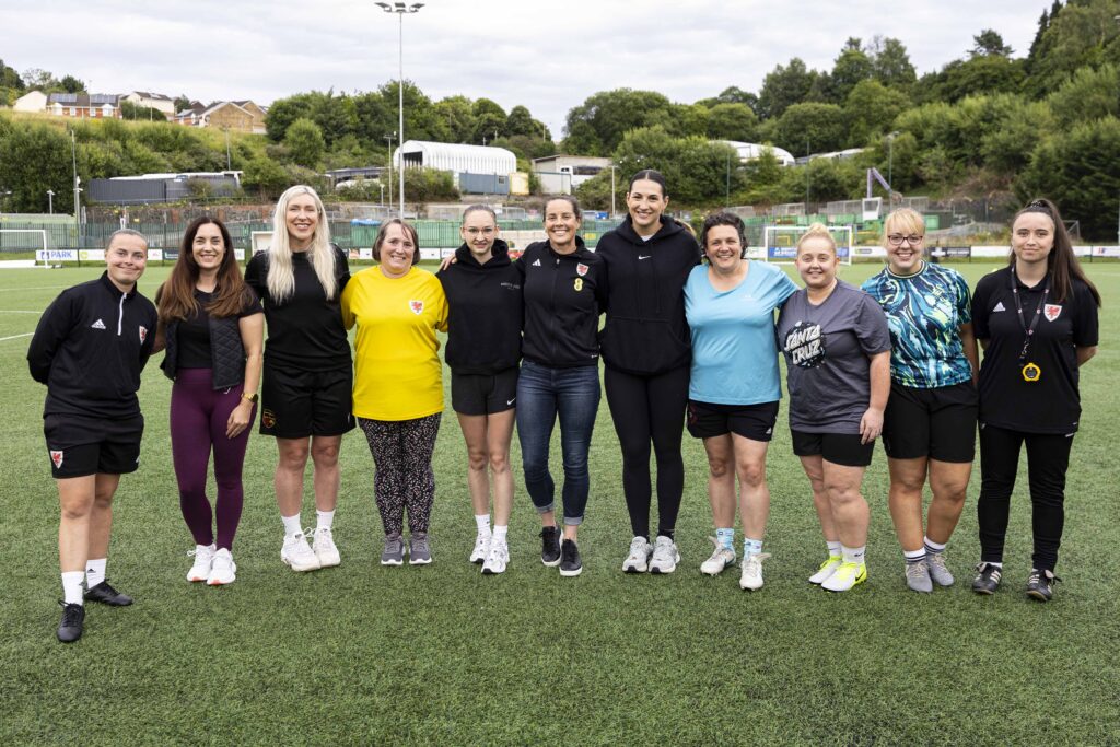 Rhian Wilkinson with those aspiring to be coaches at Penydarren BGC