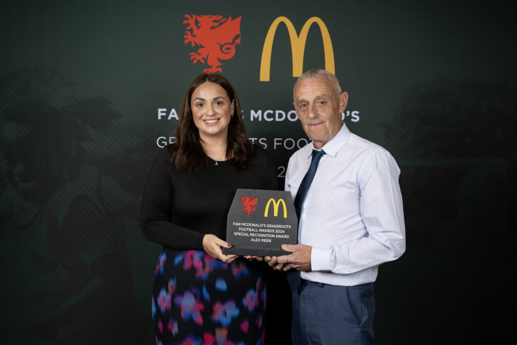 Gemma and Paul Meek receiving Alex Meek's Special Recognition Award at the FAW McDonald's Grassroots Football Awards