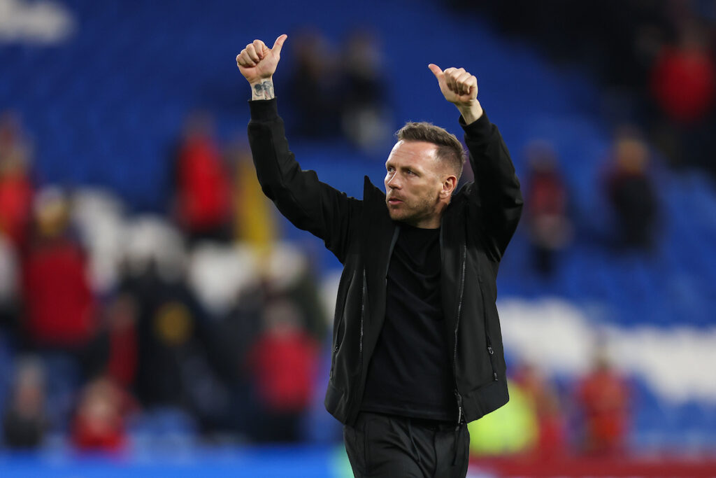Wales' National Team Manager Craig Bellamy give the fans the thumbs up at the end of the 2026 FIFA World Cup European Qualifiers, group J fixture between Wales & Kazakhstan at the Cardiff City Stadium on the 22nd of March