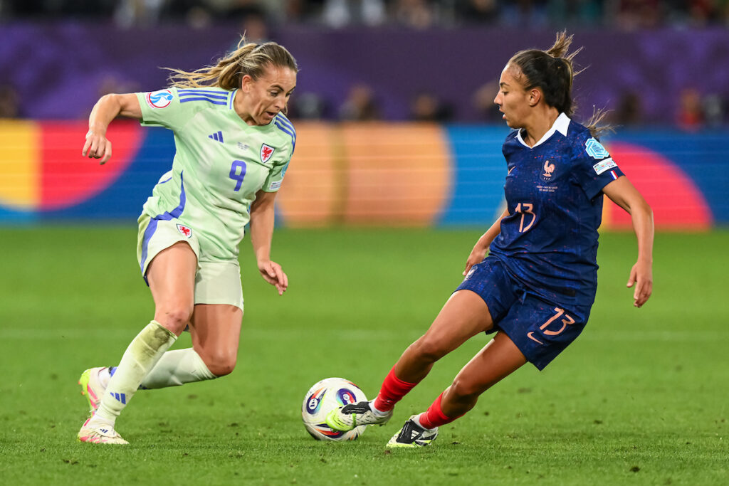 Wales' Kayleigh Barton makes a break with the ball during the UEFA Women’s Euro 2025 Group D Match between France and Wales at the St.Gallen Arena, in Switzerland on the 9th July 2025