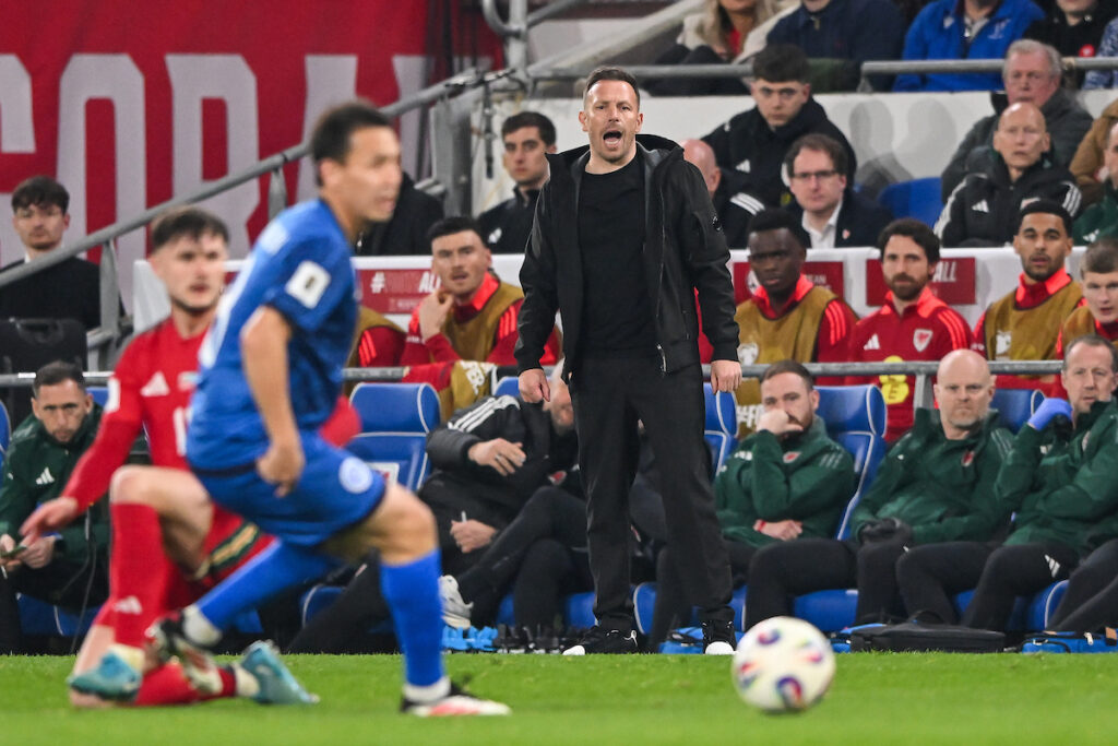 Wales' National Team Manager Craig Bellamy gives his team instructions during the 2026 FIFA World Cup European Qualifiers, group J fixture between Wales & Kazakhstan at the Cardiff City Stadium on the 22nd of March