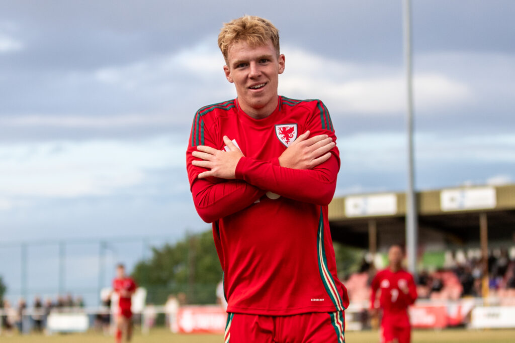 Wales' Ralphie Beckwith celebrates as he makes it 2-0 during the Cwpan Gary Speed MU16 fixture between Wales and Gibralter at The Globe Stadium, 26th of August, Buckley, Wales