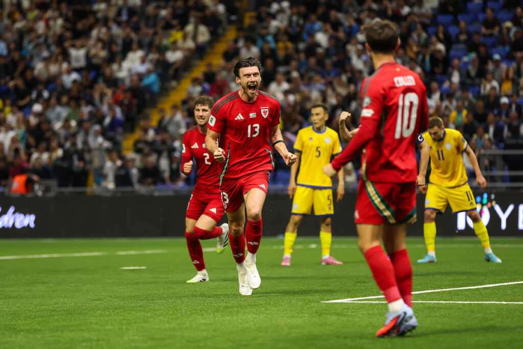 Cymru's Kieffer Moore celebrates his goal to make it 0-1 during the 2026 FIFA World Cup European Qualifier fixture between Kazakhstan and Wales on the 4th of September at the Astana Arena, Kazakhstan