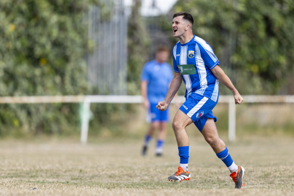 A Port Talbot Town player celebrates. Grange Albion v Port Talbot Town in the JD Welsh Cup at Coronation Park on the 23rd August 2025