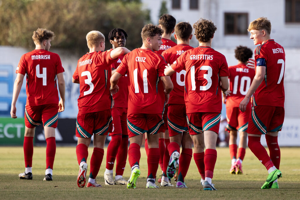 Cruz Allen celebrates scoring his sides first goal from a free kick.
Cymru u17 v Croatia in the UEFA U17 Championships at Dasaki Stadium on the 26th May 2024
