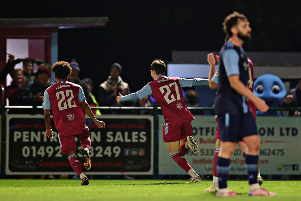 Max McGoona of Colwyn Bay F.C. celebrates his goal during Colwyn Bay FC vs Kinmel Bay FC in Round 2 of the JD Welsh Cup at The Blue Turtle Arena, Colwyn Bay