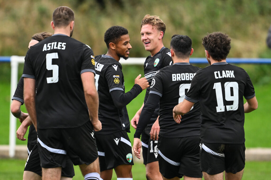 Harvey Godsmark-Ford of The New Saints F.C. celebrates his goal to make it 1-2 during the JD Welsh Cup between Mold Alexandra and The New Saints at the MKH Stadium in Mold
