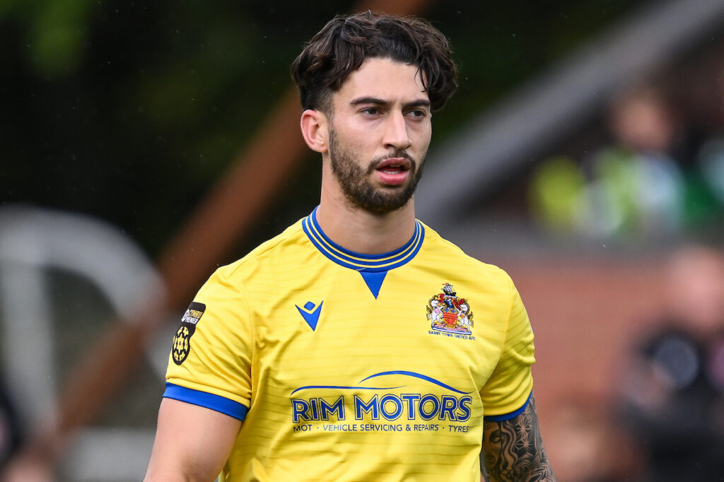 Ollie Hulbert of Barry Town United AFC during the JD Cymru Premier game between The New Saints and Barry Town United AFC at the Park Hall Stadium in Oswestry