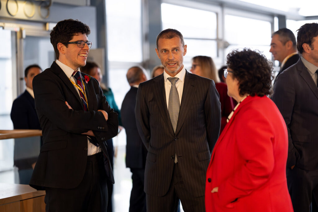 Aleksander Čeferin with Cllr Huw Thomas and the Llywydd. 