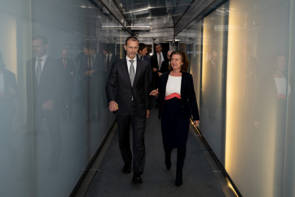 The UEFA President and the First Minister at the Senedd in Cardiff Bay.