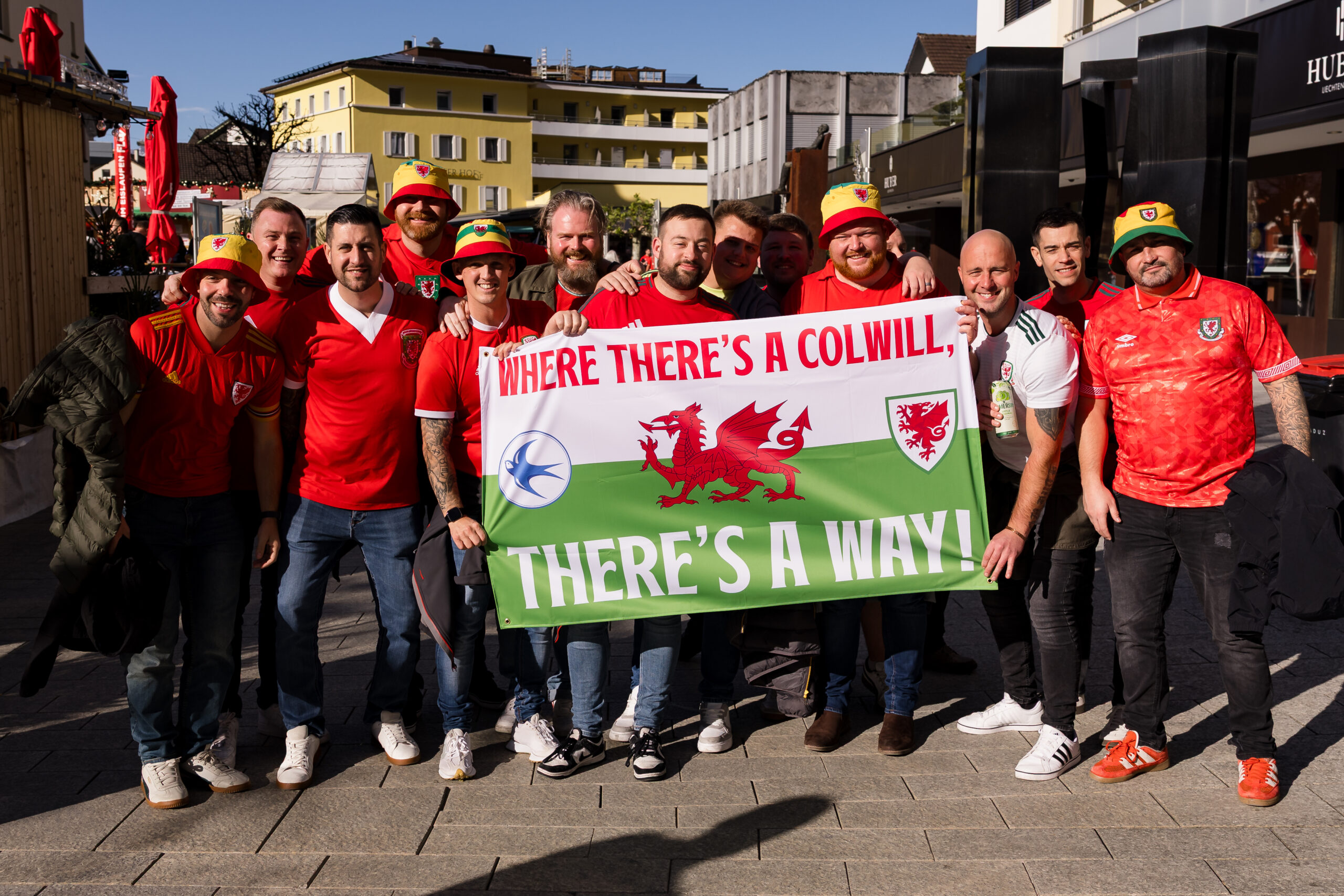 VADUZ, LIECHTENSTEIN - 15 NOVEMBER 2025: Wales fans ahead of the 2026 FIFA World Cup European Qualifying fixture against Liechtenstein on the 15th of November at Rheinpark Stadion, Liechtenstein